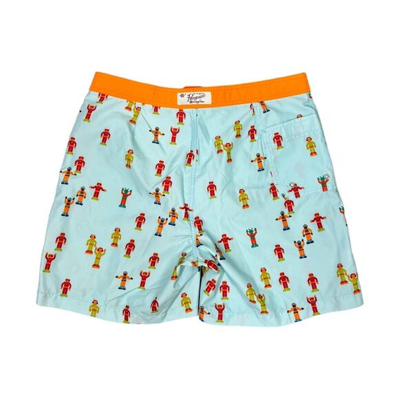Original Penguin Men's Robot Print Swim Trunks 34 Swimsuit Blue Orange Pop Art - Picture 3 of 5
